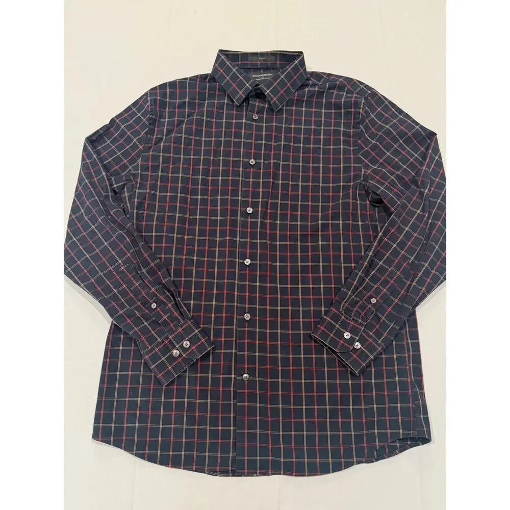 Banana Republic Slim Fit Wrinkle Resistant Plaid Button Up Shirt Men’s L Navy